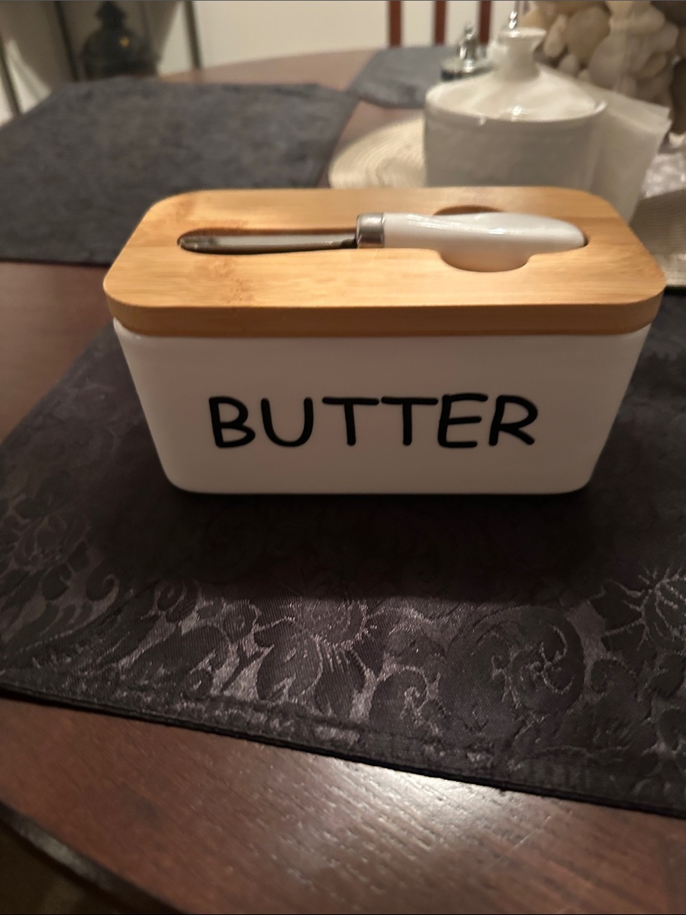 White Ceramic Butter Dish with Bamboo Lid and Spreader